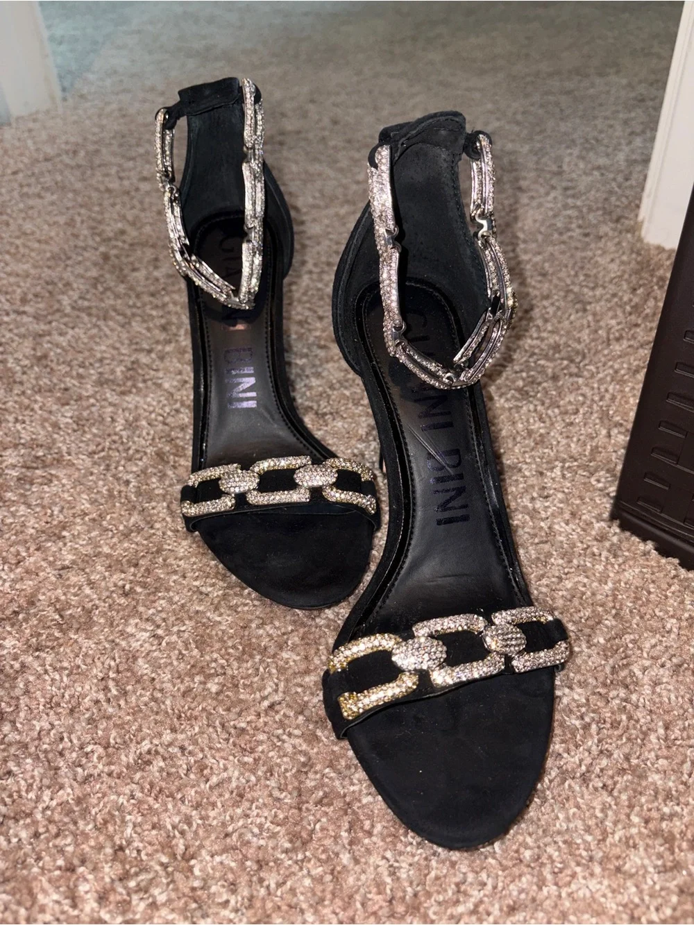 Nina Black Rhinestone Chain Open-Toe Heels